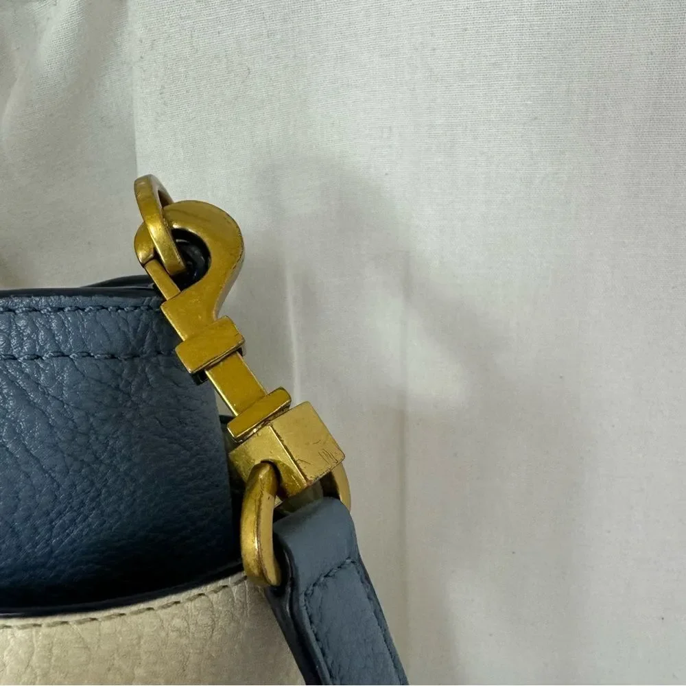Tory Burch Frances Leather Satchel Tote in Comet Blue w/ White and Brown Trim